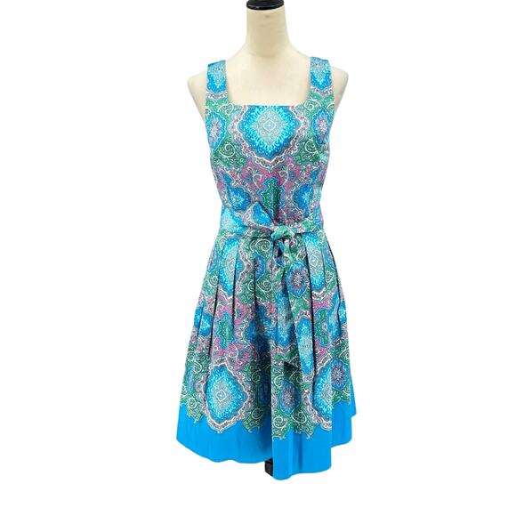 Talbots Blue Paisley Print Belted Sleeveless Fit & Flare Midi Dress Maximalist - Picture 3 of 12